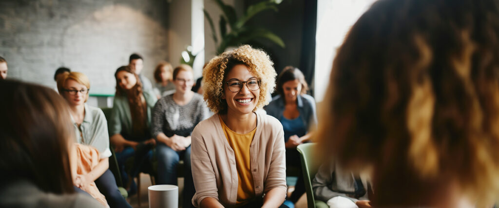 Woman smiles in group therapy